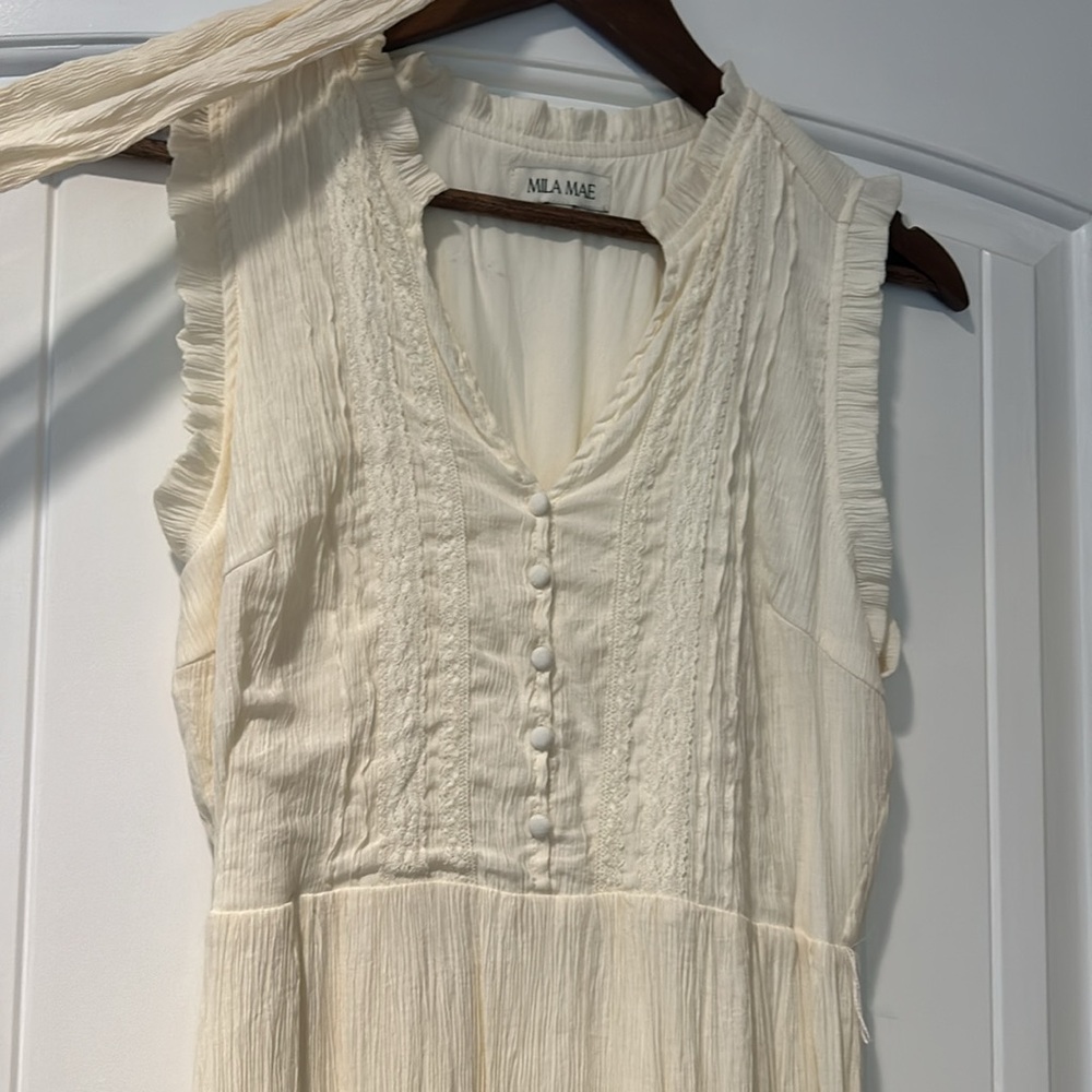 Sleeveless Button Down Ivory Tie Dress - Picture 4 of 9